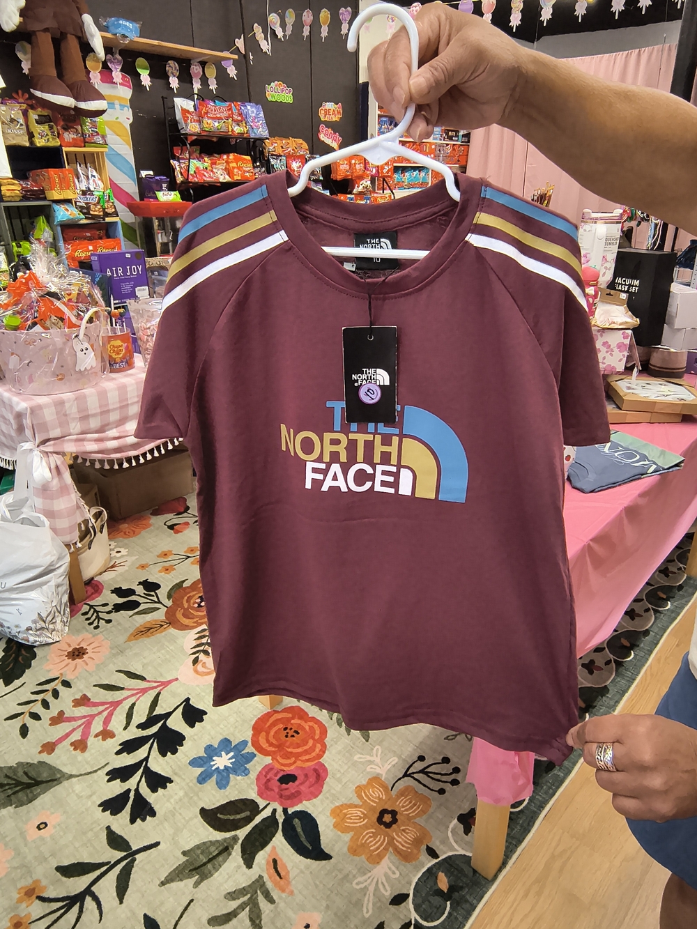 The North Face Kids' Maroon Short Sleeve Logo Tee with Blue & Yellow Accents